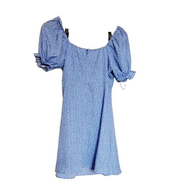 Blue Floral Dress Size S Back Zip Cottage Core Puffed Short Sleeve Off Shoulders - Picture 2 of 16
